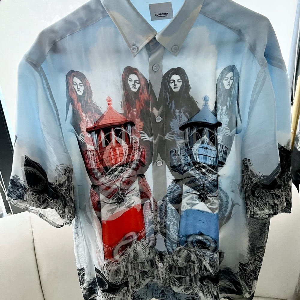 Burberry Silk Short Sleeve Print Oversized Shirt Sz M